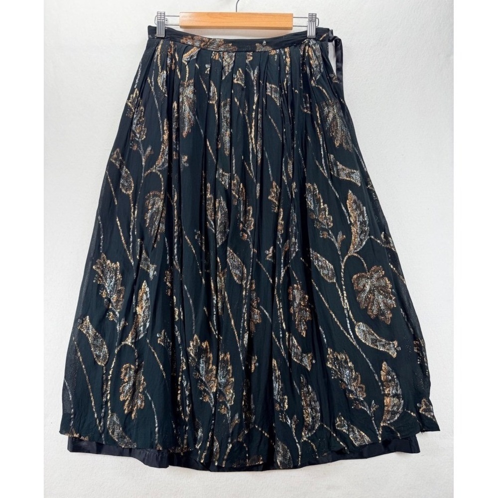 Vintage Evan-Picone Metallic Floral Maxi Skirt Black Gold Size 12 USA